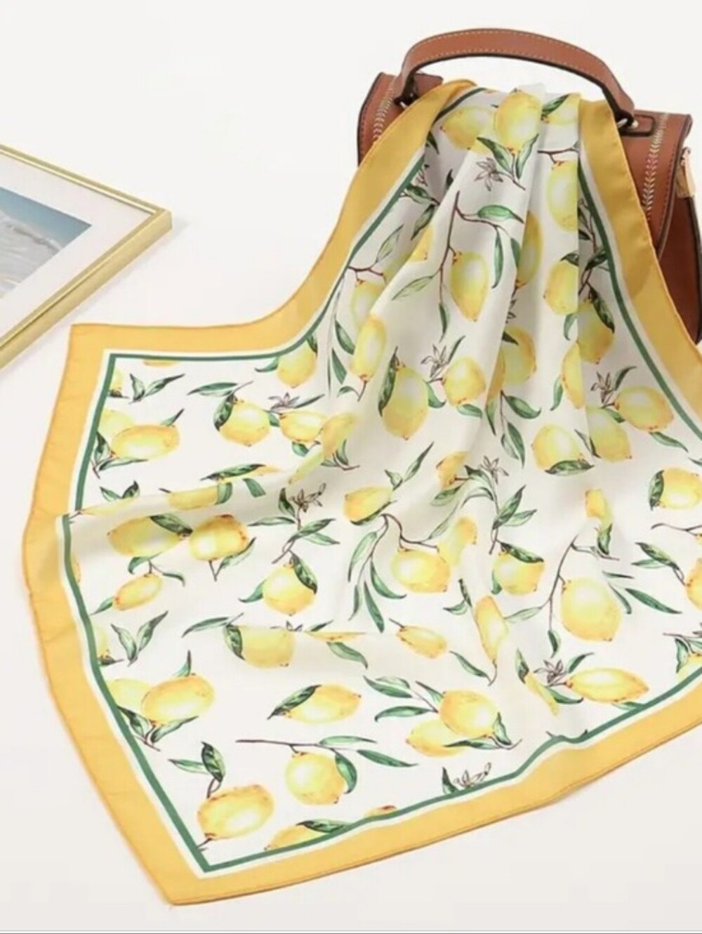 Yellow Lemon Print Silk-Feel Scarf - Women Accessories
